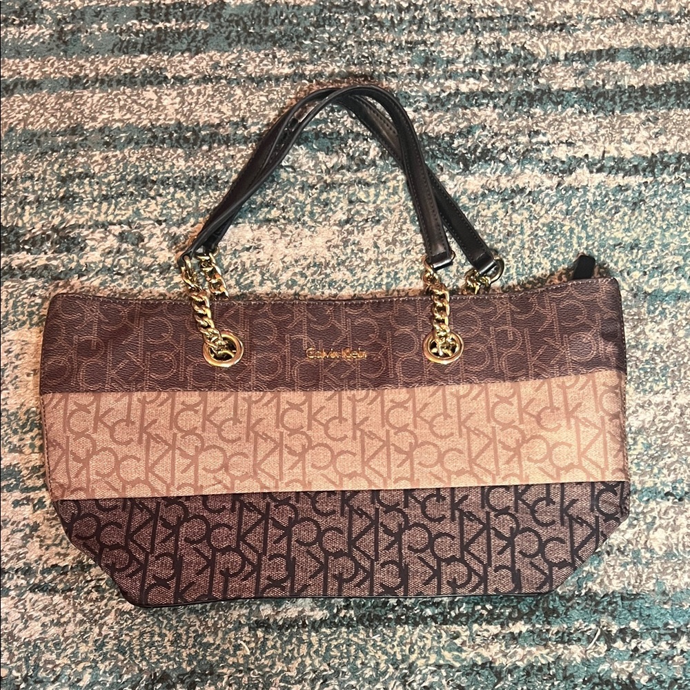 Calvin Klein Black and Tan Shoulder Bag